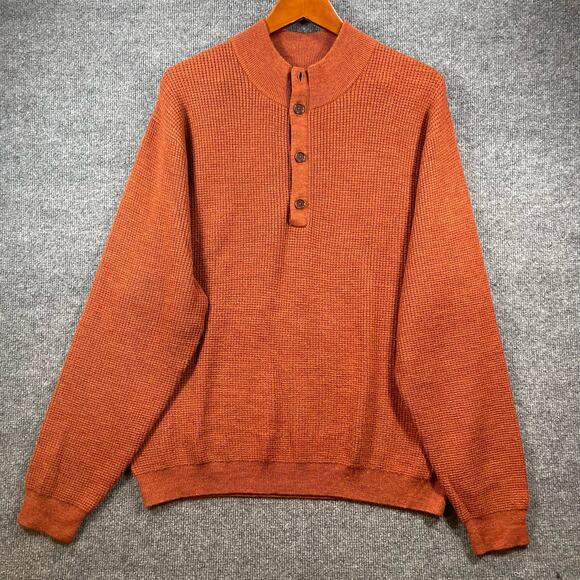 Orvis Wool Sweater Men's Large Brown Waffle Knit Henley Outdoor Warm - Picture 1 of 12